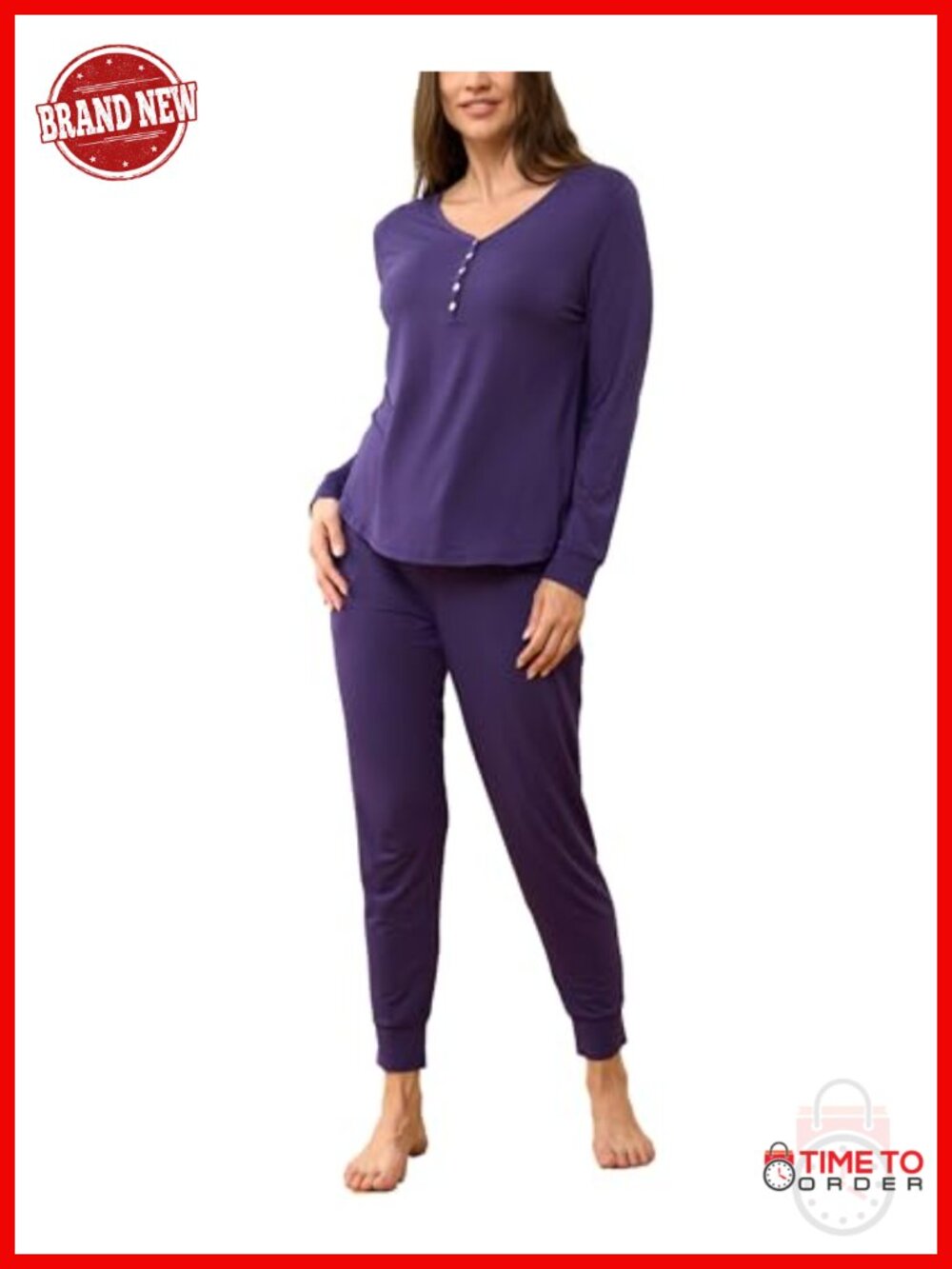 Bamboo Viscose Pajama Set with Wide Waistband - Long Sleeve Henley Top & Joggers